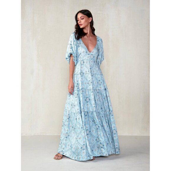 Anthropologie Omika Handmade Midi Blair Dress Puff Poof Sleeve Euro Girl Greece - Picture 2 of 15